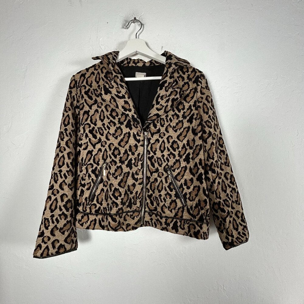 Chico’s Animal-Print Jacquard Moto Jacket Womens 0P, US 4/6P Faux Leather Trim